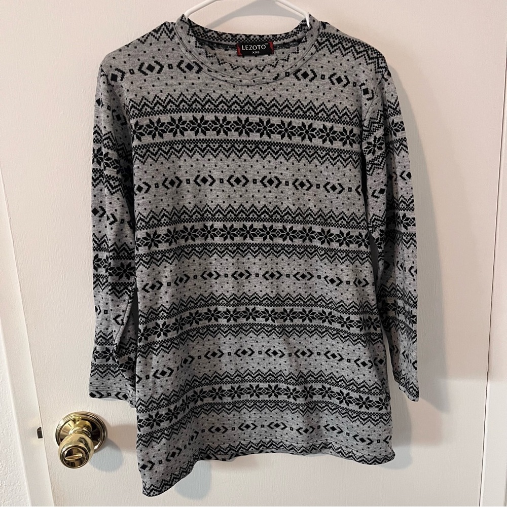 Fair Isle Pattern Knit Pajama Top Lezoto Gray Black Women’s XXL